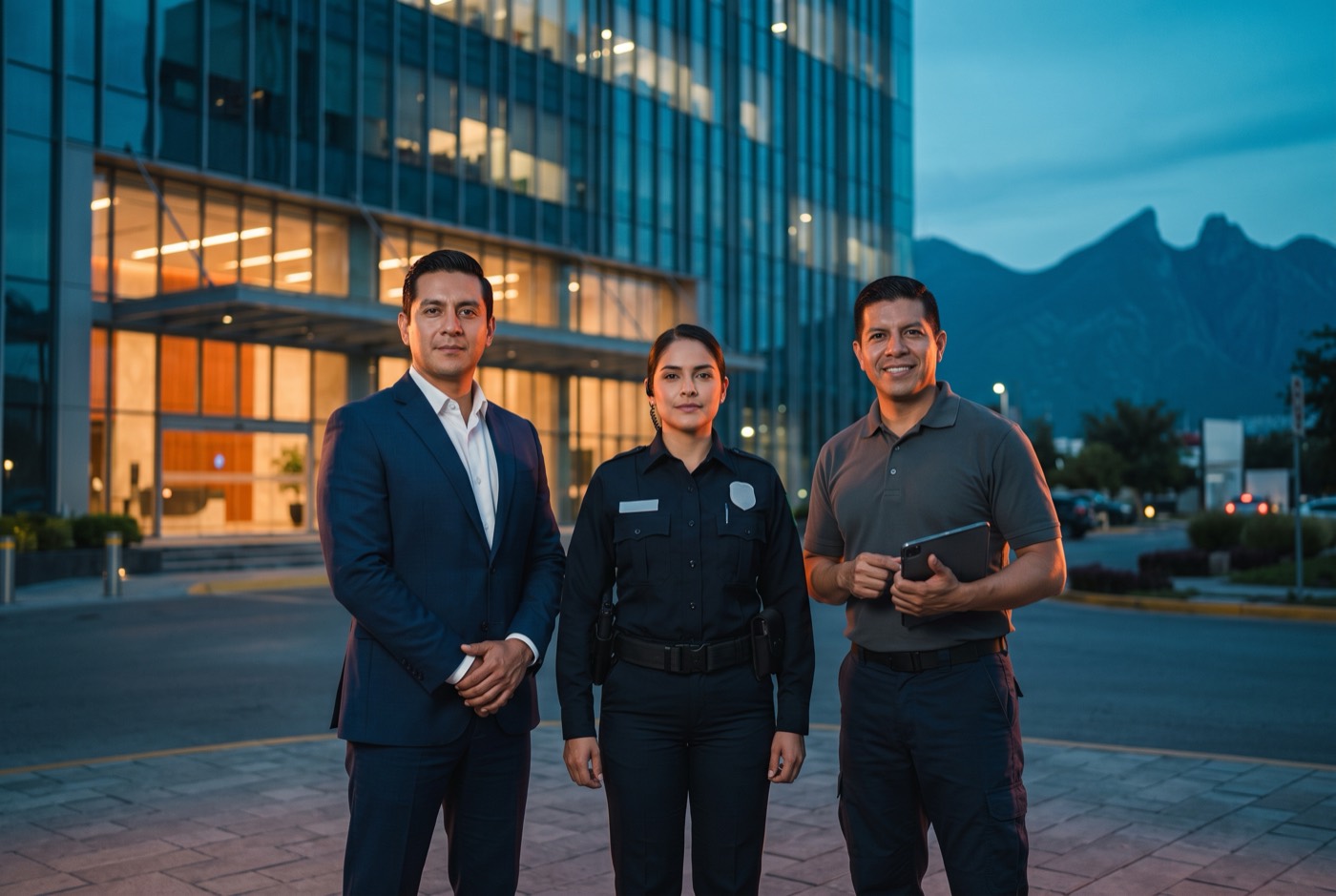 Equipo de Securint: consultor, oficial de seguridad y técnico frente a un edificio corporativo
