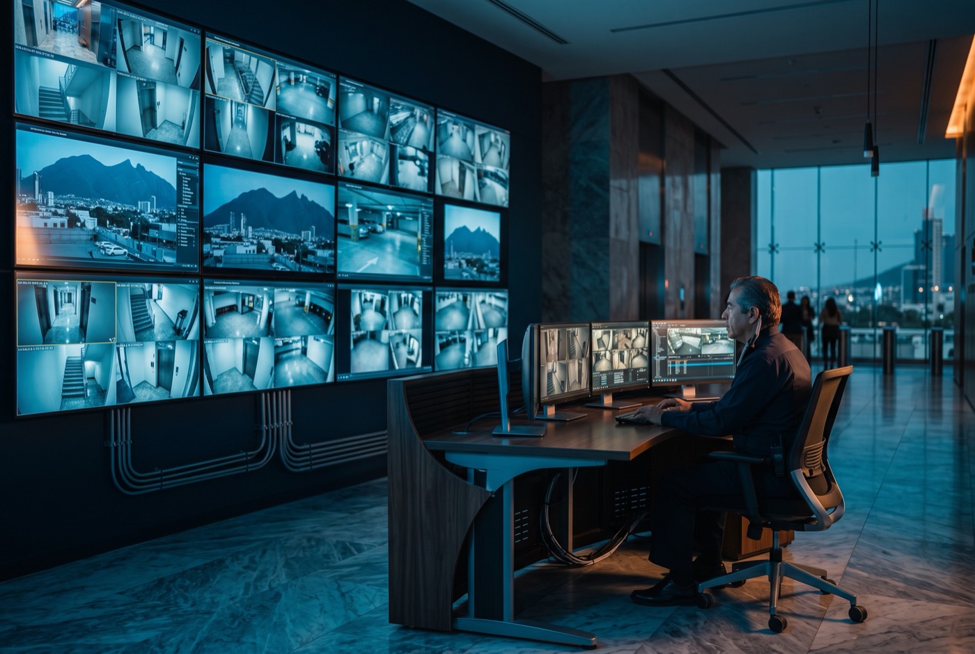 Sala de monitoreo con pared de pantallas de CCTV