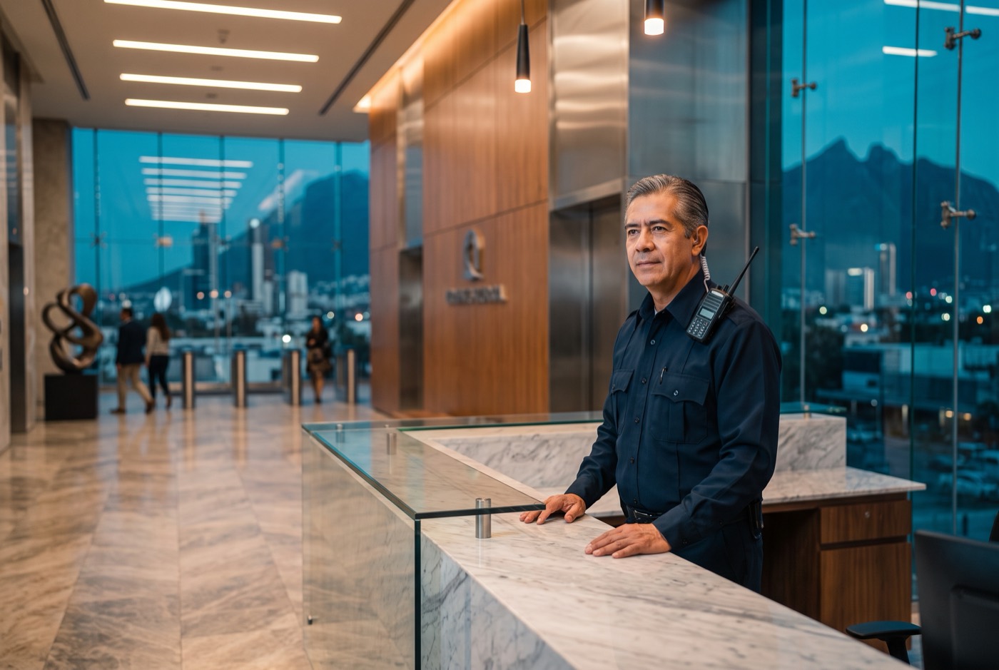 Oficial de seguridad en la recepción de un edificio corporativo