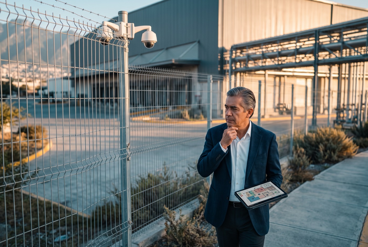 Consultor de Securint analizando el perímetro de una planta con una tableta